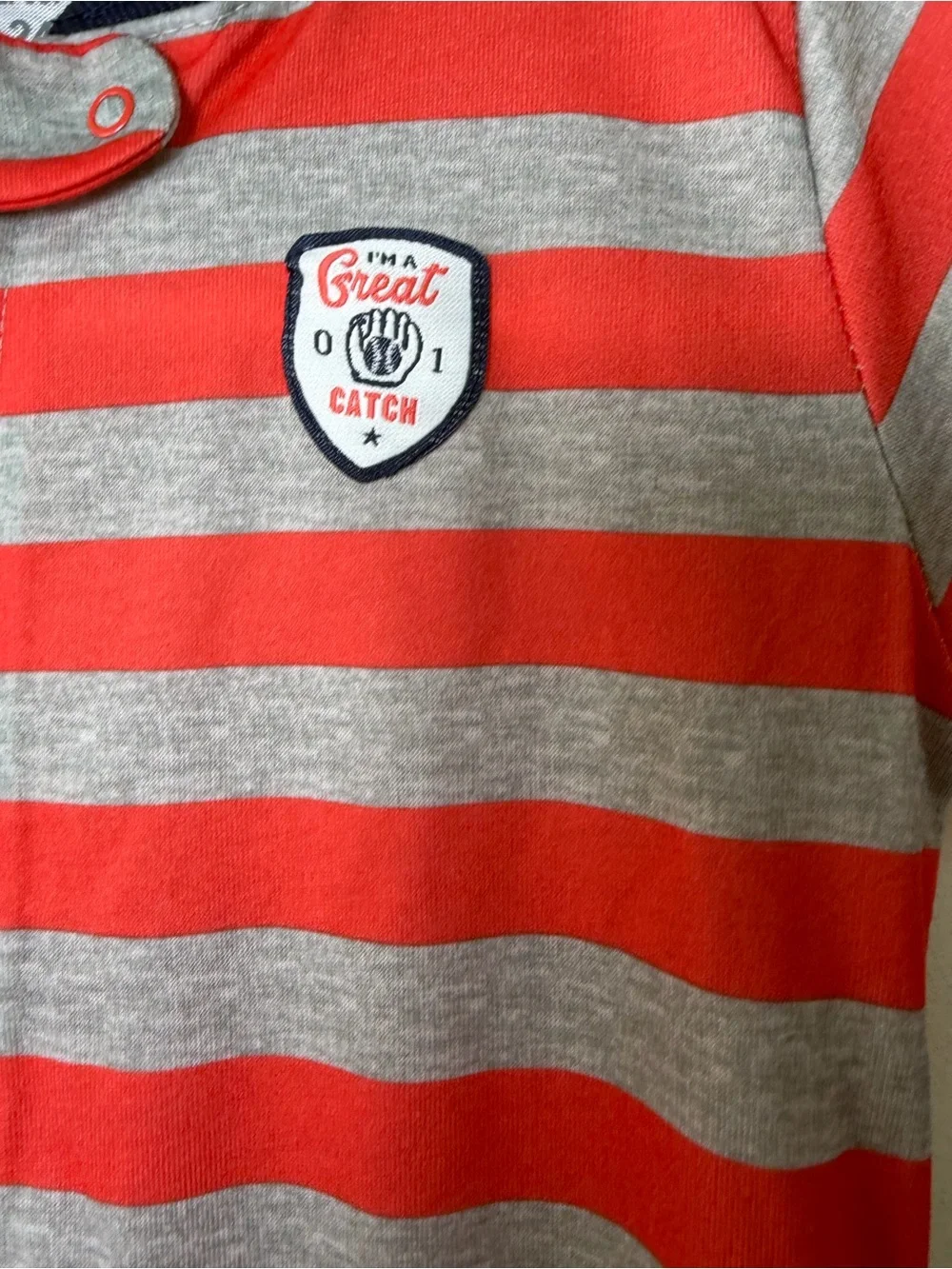 Carter's Red & Gray Striped Footed One-Piece with Navy Trim
